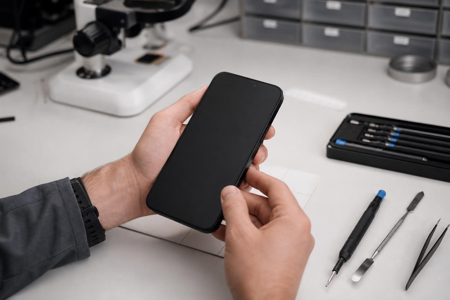 FixMyTech – Techniker prüft ein Smartphone auf der Werkbank in Köln