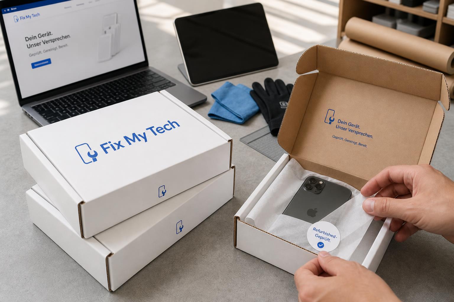 FixMyTech refurbished Versandboxen mit Logo und sorgfältig verpacktes Smartphone